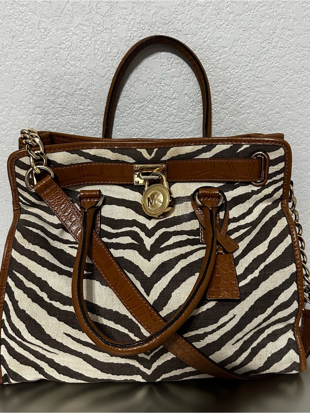 Michael Kors Hamilton Zebra Print Canvas Leather Tote Bag